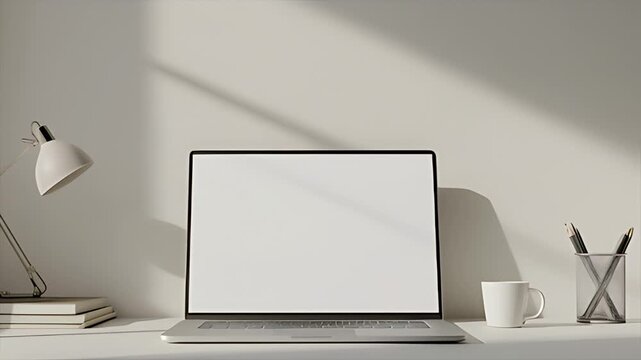 Minimalist workspace mockup featuring a sleek laptop on a clean white desk with soft daylight shadows.
