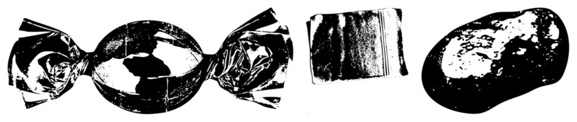 Obraz premium Black and white vector illustration of crumpled foil candy, striped fabric, and speckled stone minimalist, high contrast, graphic design elements.
