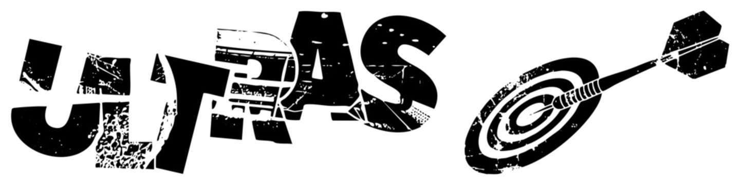 Distressed typography spelling "ULTRAS" with embedded stadium, paired with a dart hitting bullseye, gritty urban style, fan group emblem, sports fanatic.