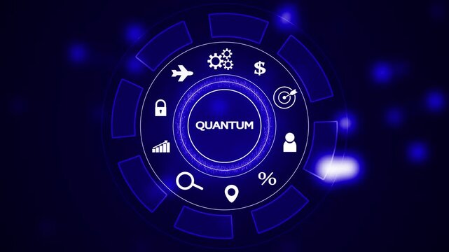 Futuristic digital interface with the word QUANTUM in a bright blue glowing circle, encircled by for business, technology, and data, set against a dark blue background with soft bokeh lights