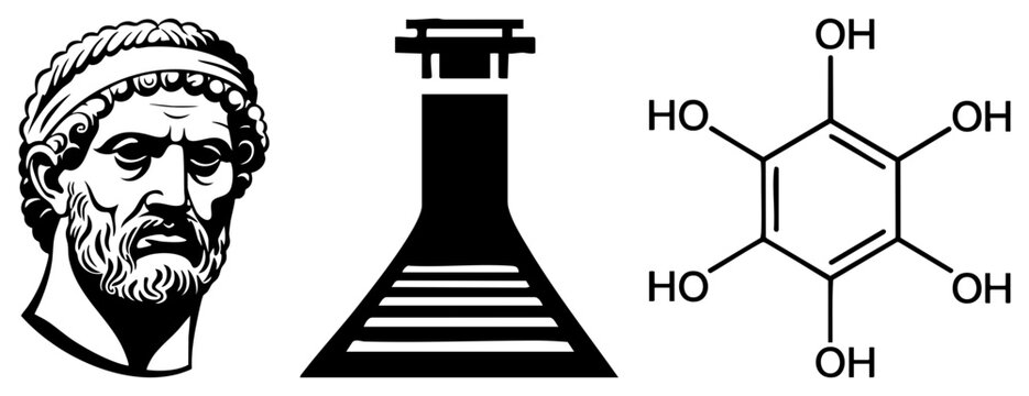 Ancient Greek philosopher bust, scientific lab flask, quinone molecular diagram, educational science, chemistry symbol, academic illustration, black and white vector.