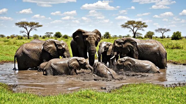Majestic elephant family enjoying a refreshing mud bath. Large herd wallowing in a brown waterhole, ideal for wildlife conservation content.