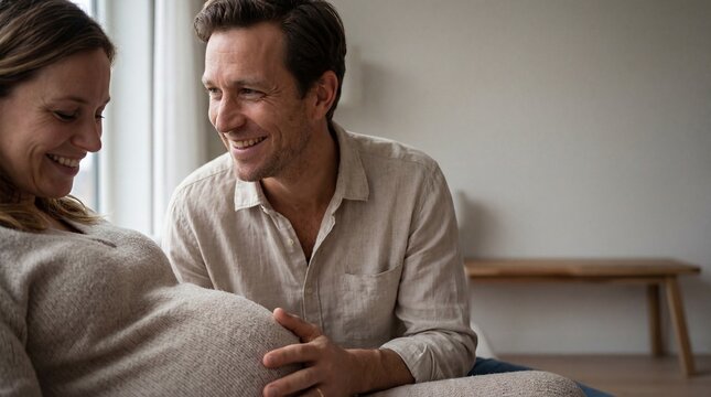 Content man affectionately touches his smiling pregnant partner's belly, preparing for parenthood and new life at home.