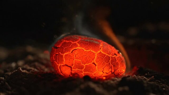 Glowing red hot coal burning in the dark.
