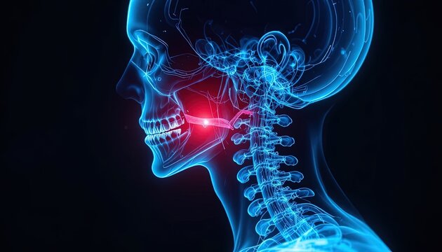 3D Medical Illustration of Temporomandibular Joint Disorder (TMJ) with Pain Indication, X-Ray Visualization on a Dark Background