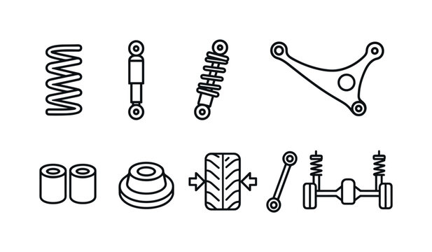 Vehicle suspension line icon set. Car parts, automotive technology symbols outline style.