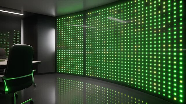 Futuristic conference room with a large green LED wall mockup, cinematic lighting, and modern office chairs.