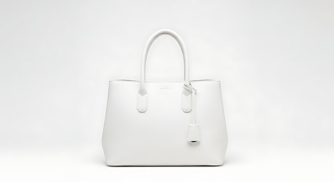 A stylish white handbag with a silver logo and dual handles