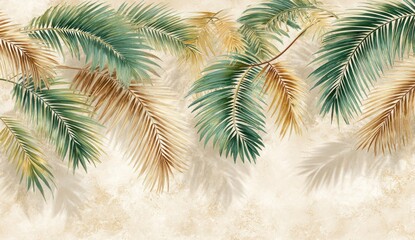 Watercolor-style palm leaves in shades of green, gold, and brown on a textured beige backdrop