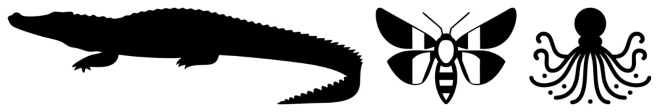 Vector of alligator, moth, and octopus in black silhouette, flat design, isolated foreground, stylized animals, graphic symbols, wildlife motifs.