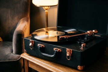 Obraz premium Vintage record player playing a vinyl record on a table next to a chair