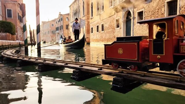 Generative ai train journey through venetian canals unique art creation vibrant waterway scene creative perspective