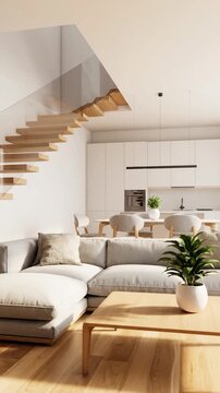 Bright and spacious modern living room with open plan kitchen and elegant