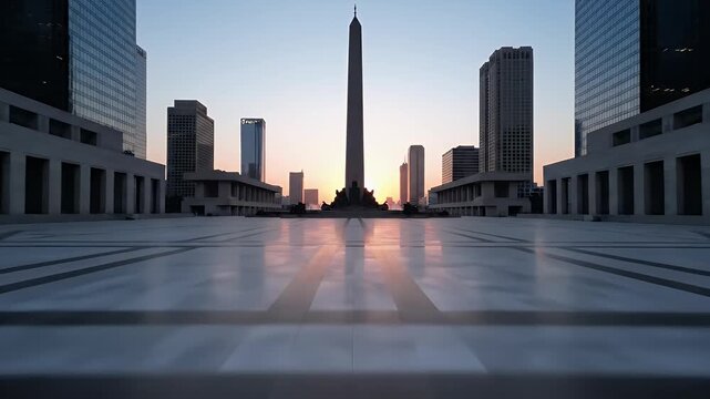 Vast plaza facing obelisk framed by modern skyscrapers at sunrise