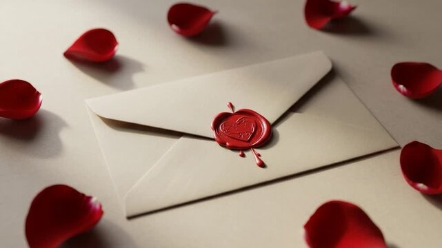 Sealed Message of Love: An intimate composition of a delicately sealed envelope, adorned with a wax seal, nestled amidst scattered red rose petal, evoking sentiments of romance and secrecy.
