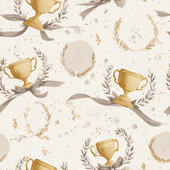 watercolor, ribbon, and trophy pattern in light beige with gold accents.