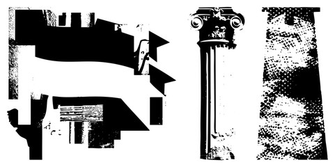 Obraz premium Ancient Greek column with Ionic capital, fragmented temple facade, textured stone pillar, vector art, architectural motifs.