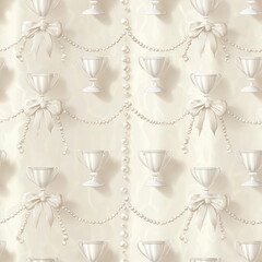 a beautiful pattern of white trophy cups and bows with pearls on a cream background, seamless wallpaper