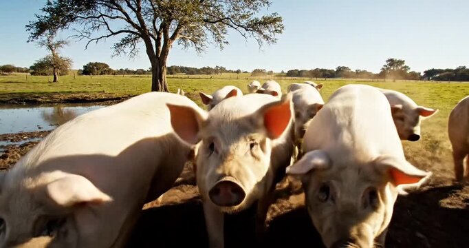 Group of pigs grazing in a sunny pasture with a tree and a pond in the background