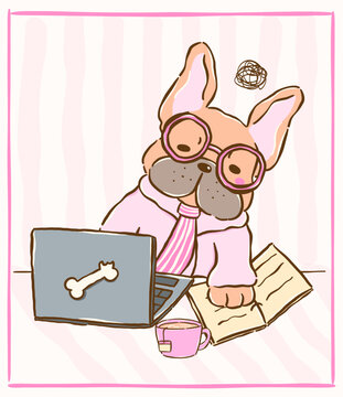 Grumpy French bulldog work from home on Laptop, burnout lazy cartoon hand drawn whimsical derp funny struggle sleepy illustration