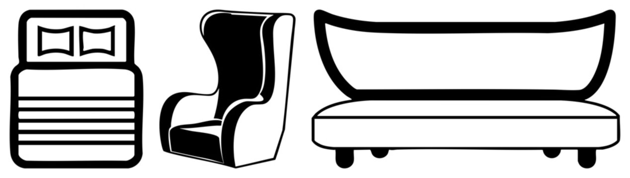 Simple art bedroom essentials bed with pillows, wingback armchair, modern sofa, vector, interior design elements.