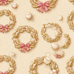 vintage illustration of baseball wreaths, pink bows, and balls on a beige background, forming a seamless pattern