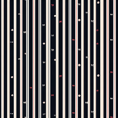 a seamless pattern of small white vertical stripes with bows and dots, in the colors dark blue, red, and pink on an isolated background