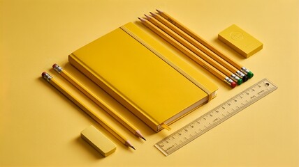 Yellow School Supplies Knolling Monochrome Flat Lay
