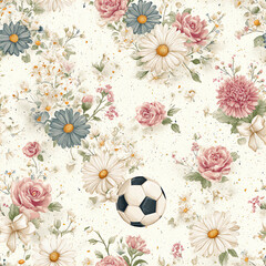 a pattern of daisies, roses, and wildflowers with a soccer ball on a cream background.