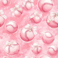 pattern of pink baseballs with white bows and pearls, digital illustration on a pastel background.