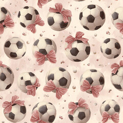 a seamless pattern with watercolor soccer balls adorned in pink bows, their soft hues creating a dreamy atmosphere, 8k, photorealistic