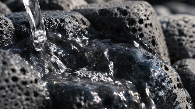 Close-up of water flowing over porous dark rocks
