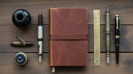 Vintage Writing Set Fountain Pen Knolling on Wood Flat Lay