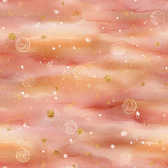 a seamless pattern with watercolor paint of yarn balls, gold foil accents. the design incorporates rose pink and metallic glitter, creating an elegant atmosphere.