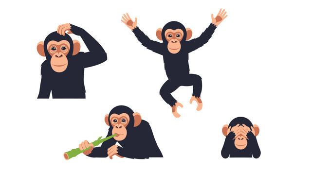 Cute Cartoon Chimpanzee Vector Set. Playful, Thoughtful, and Eating Monkey Expressions. Flat Design Animal Illustrations