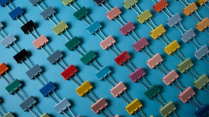 Colorful Binder Clips Grid Pattern Knolling Flat Lay