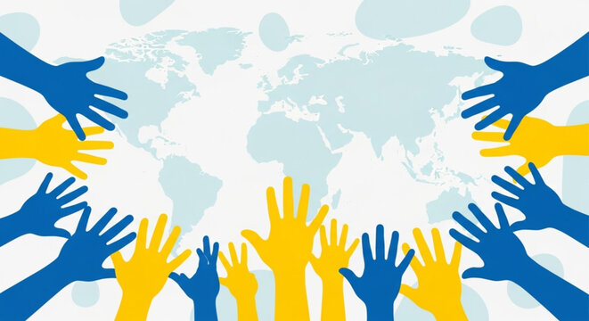 World Down Syndrome Day Global unity and solidarity depicted through a diverse array of hands reaching upwards towards a stylized world map illustration