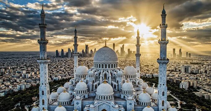 Majestic mosque with domes and minarets under dramatic sky, city skyline in background