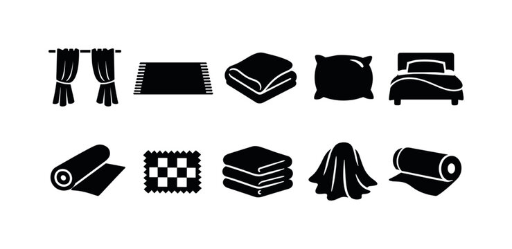 Home textiles silhouette icon set. Curtains, rugs, bedding solid collection