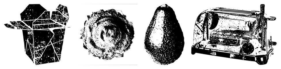 Obraz premium Abstract black and white vector shapes takeout box with cracked texture, avocado silhouette, rose bloom, vintage toaster. Flat design, high contrast, isolated elements.