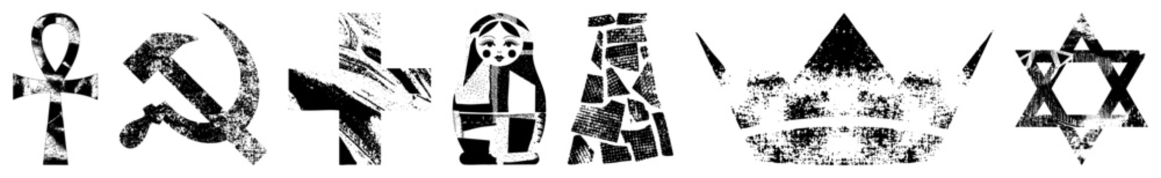 Ankh, hammer and sickle,, matryoshka doll,, crown, Star of David stylized symbols with grainy texture,, symbolic representation.