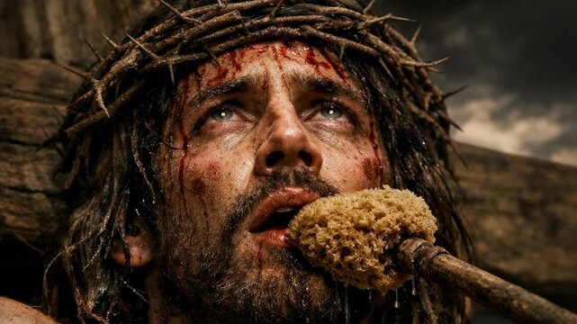 Good friday video. Cinematic Close-up of Jesus Christ Suffering on Cross Being Offered Vinegar on a Sponge During Crucifixion.