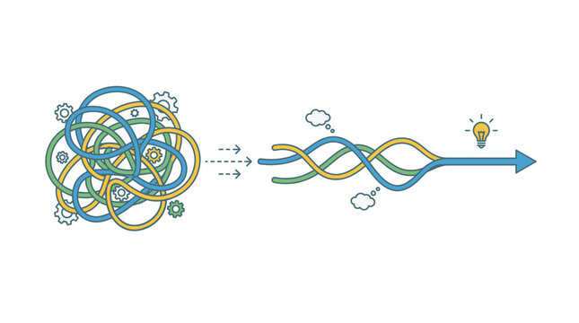 Tangle lines unravelling into straight arrow path. Chaos to order process simplification and problem solving concept. Strategic thinking vector.