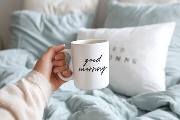 A hand holds a "good morning" mug on a bed with light blue bedding and a decorative pillow