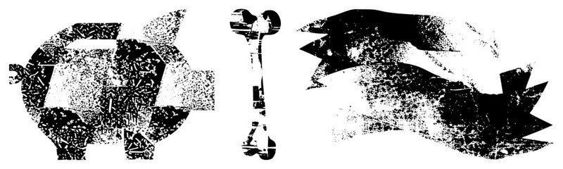Fototapeta premium Black and white halftone vector of pig, bone, and dog, graphic symbols, isolated shapes, stylized animal motifs, design.