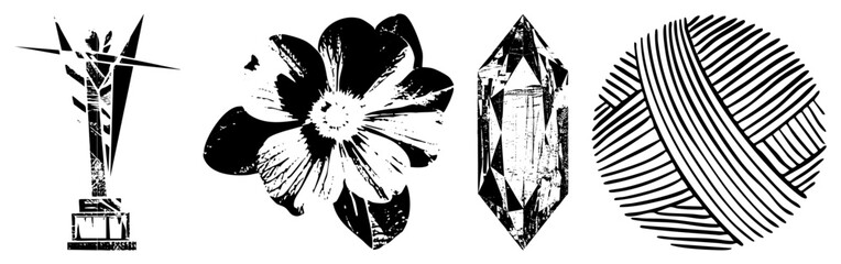 Obraz premium Four stylized abstract sculpture, textured flower, faceted crystal, and concentric striped sphere rendered in bold vector art with distressed texture and high contrast.