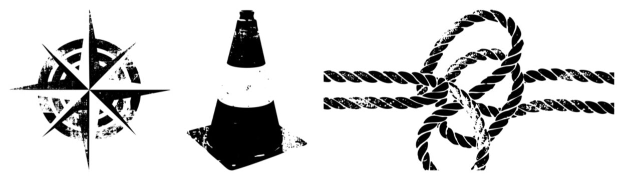 Grunge style maritime compass, traffic cone, and rope knot. Nautical navigation, road safety, maritime equipment, vector graphics, distressed textures.
