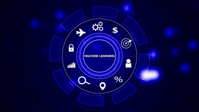 Machine learning concept with glowing circular interface displaying for business planning growth security and global reach on a dark blue background with bokeh lights Keywords: machine learning