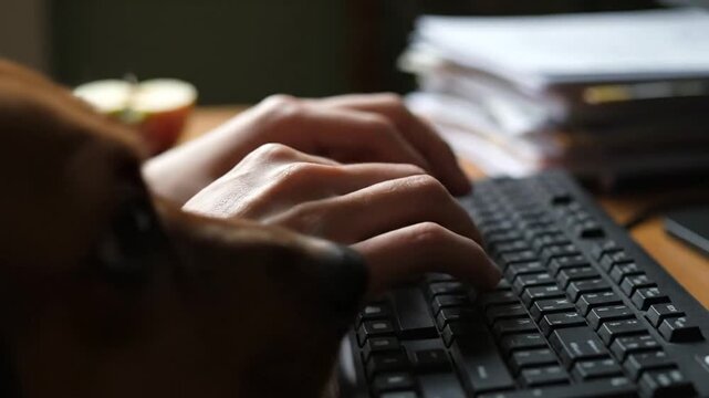 Hands typing on a black keyboard; an apple slice and paper stack are in the background