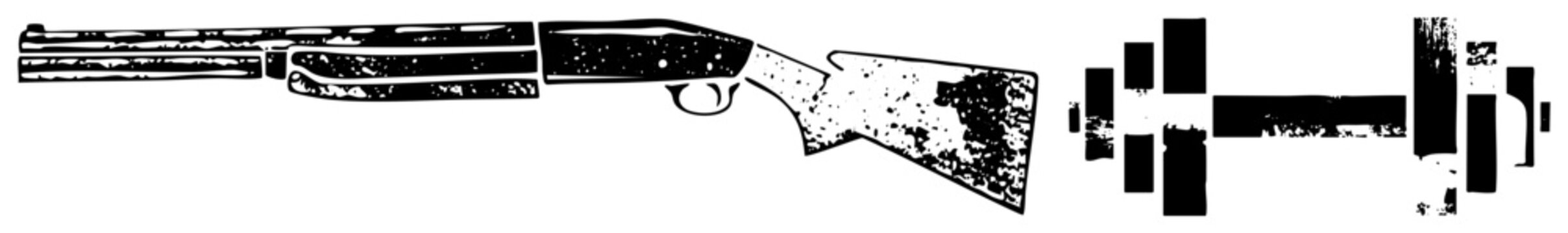 Weathered shotgun illustration with splattered ink effect, paired with fragmented geometric shapes, vector art, isolated graphic, rustic firearm design.